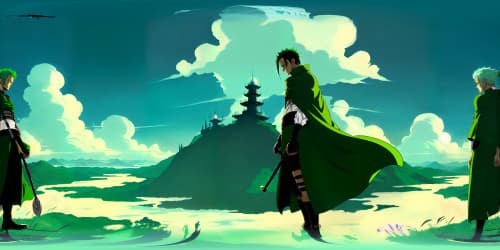 one piece character Zoro(in grean cloak) green hair 