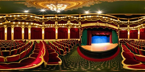 A grand opulent theater with plush velvet seats, ornate gold trim, dimly lit by crystal chandeliers, enraptured audience engaged, dramatic curtains, intricate stage set, exquisite detail at every corner capture an enchantingly detailed showstopper.