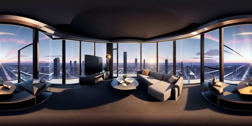 VR360 modern loft, floor-to-ceiling windows, expansive cityscape, twilight. Luxe minimalist decor, smart tech fixtures. Abstract art, soft LED backlighting, muted color scheme. VR360 view from penthouse-level height. Style: realistic TV drama aesthetics, ultra high-res detailing, masterfully rendered.