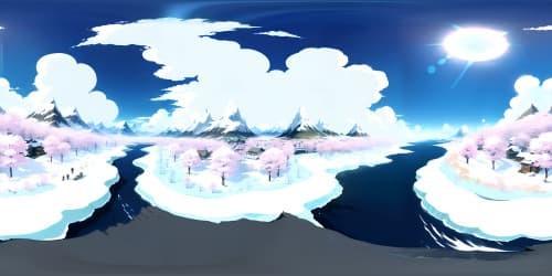 Immaculate, Wafku-styled, VR360 snow-capped mountains. Unblemished, ice-clad peaks, untouched alpine landscapes. VR360 viewpoint. Magnificent, fantasy-infused panorama. Ultra high-resolution, breath-taking sceneries.