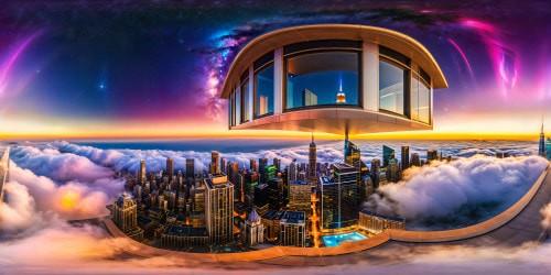 A lavish penthouse view from a grand metropolis, framing a picture-perfect cityscape of gleaming towers, iridescent neon hues dancing on sleek structures, vibrant city life stirring under a star-studded celestial canopy.