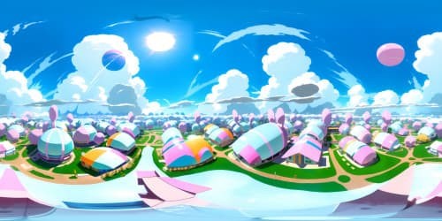 Masterpiece level VR360 quality, ultra-high resolution, multicolored, detailed bunny costumes, exaggerated proportions, oversized rabbit ears, quirky, vivid color palette, Pixar-like rendering style, world filled with cotton candy-like flora, VR360 view of a surreal, lush meadow with large, playful, whimsical bunny-shaped structures, kaleidoscopic sky.