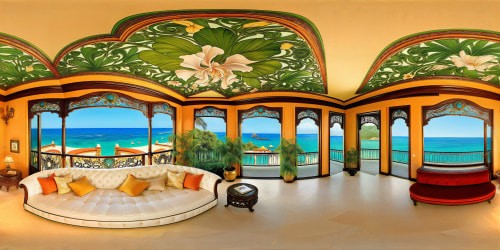 A flawlessly designed, ultra high-resolution open concept home resembling a luxurious hotel suite, blending classical Italian and modern decor, featuring seamless indoor-outdoor connectivity with a tropical sea landscape, a symphony of classical and contemporary elegance, lavish details, exquisite textures, and a stunningly detailed seaside oasis.
