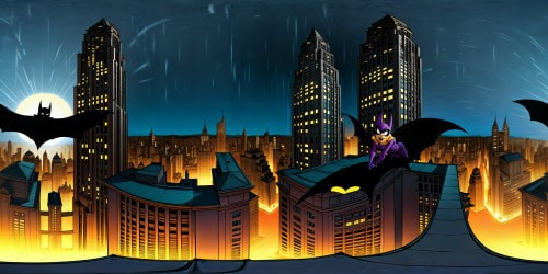 In a meticulously detailed Gotham City nightscape, the iconic Bat-Signal pierces the dark sky, casting a dramatic glow over towering skyscrapers and glistening rain-soaked streets.