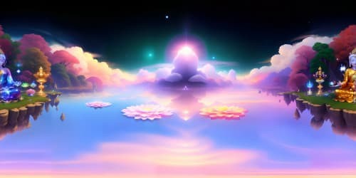 The Western Pure Land Buddhist heavenly realm floating in a clear azure sky, with floating islands where monks in orange robes are meditating under trees made of gems. Guanyin and other boddhisattvas surrounded by multi-colored auras sit on small magical clouds and meditate in lotus posture.