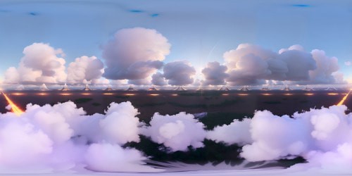 Masterpiece-quality, ultra-high-resolution VR360, radiant sun, fluffy, cotton-like clouds. Opulent light diffusion, striking, vibrant azure sky, gold-tinted cloud edges. Soft, ethereal glow, fluffy cotton-like clouds in VR360. Echoes of Renaissance art in digital form.