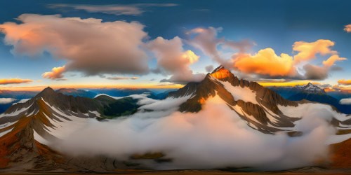 Ideal prompt: Majestic alpine panorama of snow-kissed mountain summits, mirrored in crystal clear lakes with autumn foliage ablaze, ethereal mist shrouding valleys, swirling clouds painting chiaroscuro masterpieces, ultra-high resolution perfection.
