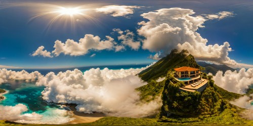 A luxurious villa on a lush hill overlooking a crystal-clear sea, basking in the golden sunlight as fluffy clouds swirl around, depicted in a flawless ultra-high-resolution masterpiece exuding perfection.