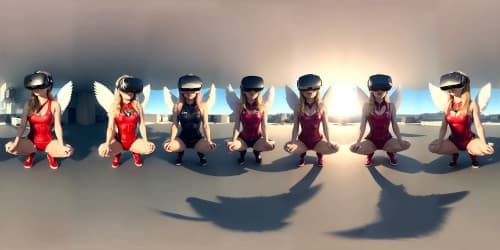 five female angels wearing red leotards with pink trim_they have golden wings_the women have gold halos over their heads_one woman has blue eyes_two of the women are blonde_they are squatting_one woman is carrying a skirt