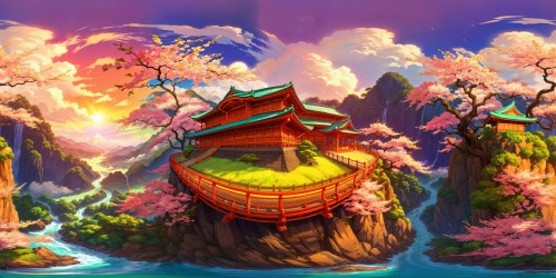 Exploring the impeccable, ultra-high-resolution landscape of Inazuma in Genshin Impact: vibrant cherry blossom forests, shimmering intricate temples, winding crystalline rivers, under a flawless, stormy monsoon sky.