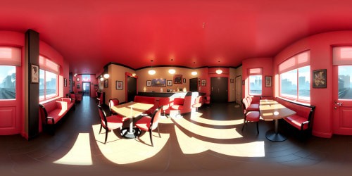 Ultra high-res masterpiece, VR360 of Cafe Leblanc from Persona 5. Rich detail, cozy café interior, vintage-style furniture. Rain-soaked, retro street view, pastel-colored skyline, vibrant city lights in VR360. Anime-style aesthetics, bold colors, sharp linework, soft lighting effects.