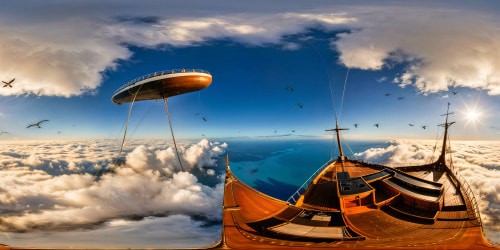 majestic old, weathered ship gliding elegantly on serene waters, embraced by a symphony of soaring birds under a flawless, vivid azure sky, an exquisite high-resolution masterpiece.