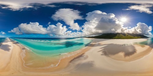 Flawless, pristine white sandy beach extending endlessly under a vibrant sun, crystal-clear turquoise waters lapping gently along the shore, powdery sand shimmering like spun sugar under the brilliant rays, creating an ultra-high-resolution symphony of coastal perfection.