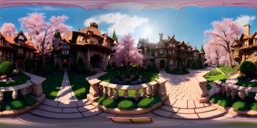 VR360: Majestic castle balcony, intricate stone-carved railings, overlooking a lush, whimsical forest, pink-hued foliage. Cheshire Cat's realm, fantasy-styled, masterfully-detailed. Ultra high-res VR360: Glimmers of moonlight on silvery leaves, sprawling, ethereal woodland. Pixar-inspired render for an immersive, magical VR360 experience.