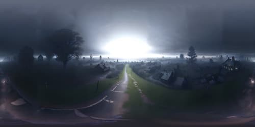 Ultra high-resolution VR360, masterpiece of Silent Hill inspired ambiance, misty landscapes, thick fog, decaying structures, ominous night sky overrun by dark clouds. Style: photo-realistic with a touch of horror, eerie glow from the moon. 