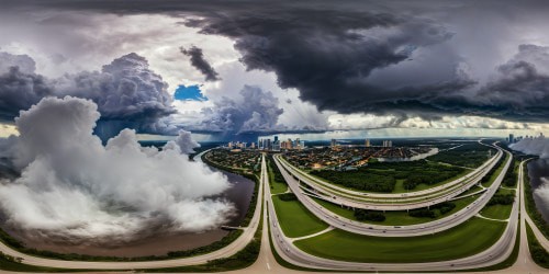 A flawless, high-resolution aerial vista of Florida's FL-408 highway, showcasing distant downtown Orlando's skyline under a dramatic overcast sky, storm clouds billowing across the horizon, a cinematic masterpiece capturing the imminent storm's approach with epic beauty and cinematic grandeur.