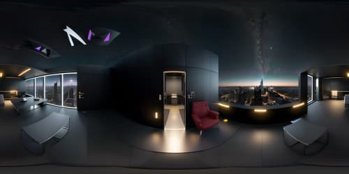 Oblivion-inspired, nighttime skytower, architectural masterpiece, ultra-high-res VR360, glass structures. Starlit sky, distant nebula visibility, reflective surfaces. Minimalist interiors, sleek modern furniture, Pixar-style. Enhanced quality, VR360 masterpiece.