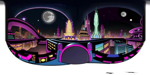 Ultra high-resolution VR360, Superman-esque cityscape, piercing stars, shimmering moon. Classic comic style with modern touch. Dark, glossy skyscrapers, vibrant neon billboards, high altitude view, bold color palette. Dynamic masterpiece VR360.