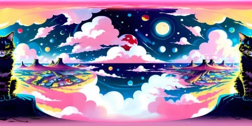 VR360 masterpiece, ultra-high resolution, trio of abstract ruby felines, surreal art style, expansive sky canvas, ethereal clouds, jewel tone palette, emphasis on fantastical red hues.