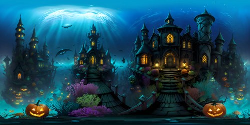 Masterpiece caliber, ultra HD quality, Halloween-themed underwater VR360 panorama. Ghostly shipwrecks, bioluminescent sea creatures, sunken jack-o?-lanterns, skull-shaped reefs. Picasso style, gothic undertones, contrasts of murky depths, luminous organisms.