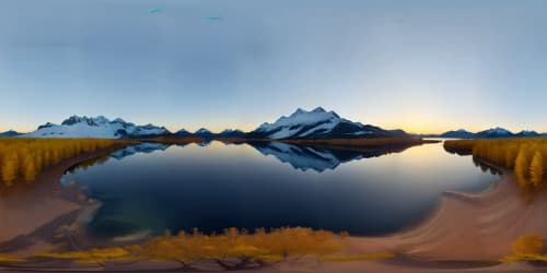 VR360 hyper-realistic art, ultra high-res, lustrous golden sunset radiating intense reflections on glittering lake. Circle of lush, evergreen forest, far off mountains crowned with crystalline snow. VR360 extreme high-res, overarching style of relentless hyper-realism.