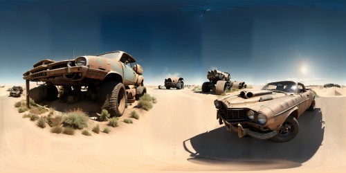 Masterpiece quality, ultra-high resolution, Mad Max-inspired desert, decayed vehicles strewn about. Gritty, post-apocalyptic VR360 aesthetic, sand dunes whispering tales of ruins. Rustic vehicular remnants, skeletal remains of civilization. Sun-bleached bones of abandoned automotives, VR360 exploration of dystopian desert.