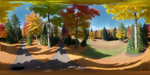 VR360 autumn forest panorama, masterful quality, ultra high resolution, trees awash in hues of fiery red and orange. VR360 view, embracing the rich fall nature, vibrant foliage, cascading leaves.