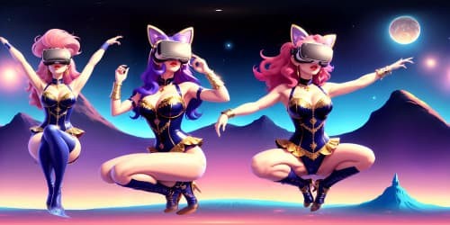 Ultra high res VR360, five princesses, pink leotards, gold hoop earrings sparkle. Blue-eyed, red lip gloss shine, dynamic squatting, arms elevated, detailed close-ups, whimsical cat ears. Masterpiece-style aesthetics, prime quality VR360, punchy contrasts, rich hues, flamboyant interpretation.