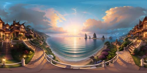 Ultra HD sky, soothing gradient of sunset hues, scattered cirrus clouds, Balinese beachfront, vast ocean panorama with gentle wave ripples, VR360. Beachside tropical flora, silhouetted against twilight sky, VR360. Masterpiece, striking contrasts, dreamlike ambiance.