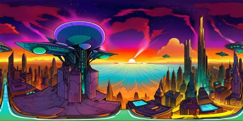 A futuristic alien cityscape at twilight, towering crystalline structures, iridescent neon lights reflecting off metallic surfaces, colossal hovering ships amidst swirling cosmic clouds, the perfect digital masterpiece in ultra high resolution.