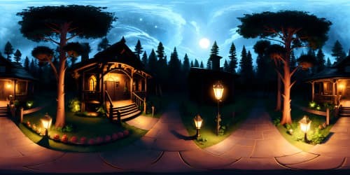 spooky haunted house in a pine forest at night 4k 360