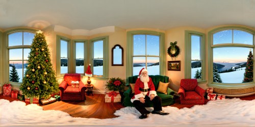 A flawlessly detailed, ultra-high-res 90s Christmas living room, featuring a flawlessly green artificial tree adorned with vintage ornaments, opulent decorations, resplendent tinsel, a warm fireplace casting a soft glow, nostalgic foil gift wrap beneath a flawlessly detailed Norman Rockwell Santa painting, and gently falling snow outside a large bay window, exuding the essence of a classic holiday scene in immaculate perfection.