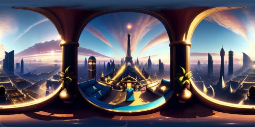 Ultra-high-res VR360, inside Parisian maison close masterpiece quality. Art Nouveau finesse. Luxurious velvet drapes, rich architectural detailing, vintage chandeliers refracting light. Expansive stained-glass skylight, VR360 of mesmerizing skyline, vibrant cityscape beyond. Exceptional opulence, minus explicit elements.