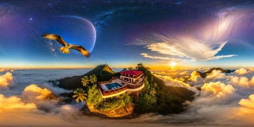 Ultra high-resolution depiction of a radiant tropical villa soaring through the stars, intricate design gleaming in vibrant colors against the cosmic void, an osprey gracefully drifting alongside, creating a flawless masterpiece as you follow its ethereal journey through unknown realms.