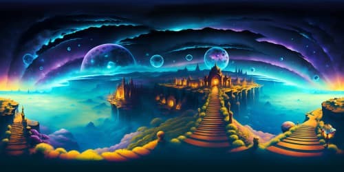 VR360 masterpiece, lunar workspace, nebula-filled cosmos, surreal floating space jellyfish. Photo-realistic style. High-resolution VR360 moon vistas, vibrant star clusters, odd space phenomena. Austerely minimal lunar foreground, complementing vast cosmic panorama.