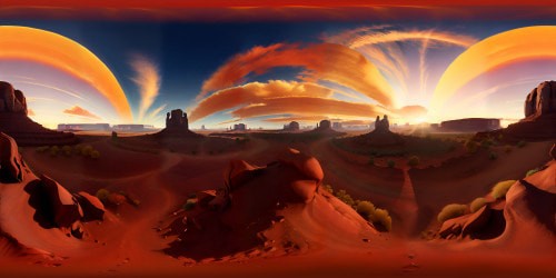 Monument Valley, towering sandstone buttes, vast expansive orange-red desert, VR360 richly-detailed. Exceptional quality, ultra-high-res digital art style, smooth sand textures, shadows adding depth. Clear blue skies, fluffy white clouds, eclipsing sun, VR360 masterpiece view.  