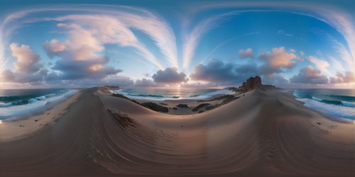 Masterpiece sunset beach, ultra high-res VR360, clouds as sandy shores. Cascading hues of twilight, a celestial sea. VR360 pastel-colored waves crashing into star-dusted dunes, in a Pixar-style. Sky-reaching palm silhouettes, glowing pearls as stars.