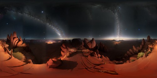 VR360 nighttime view, vibrant Milky Way stretch, star-studded panorama. Cave interior, red rock textures, natural illumination. Outside fire, gentle glow on rocks. Ultra high-res, masterpiece quality, Picasso style, cool hues against fiery warmth, VR360 view of cosmic-cave beauty.