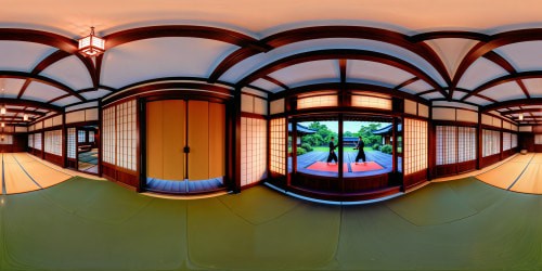 A flawless, ultra-high-resolution depiction of a tranquil, traditional Japanese dojo, adorned with sliding paper doors and ornate wooden panels, bathed in the soft illumination of lanterns, where a martial artist in authentic attire gracefully practices with precise, flowing motions, exuding a captivating blend of elegance and discipline.