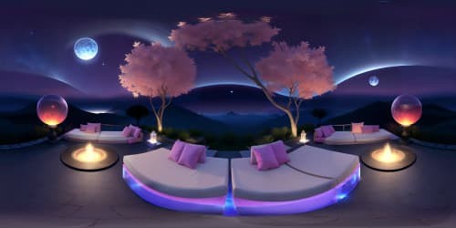 Ultra HD, VR360 anime realm, catboy-inspired. Floating lanterns, cascading waterfalls, night sky aesthetics. Cat-shaped constellation in soft luminescence, traditional Japanese scenery. Furniture lounging catboy characters, elegant, ethereal. Intricate detailing, vibrant colors. VR360 masterpiece, best quality, masterpiece.