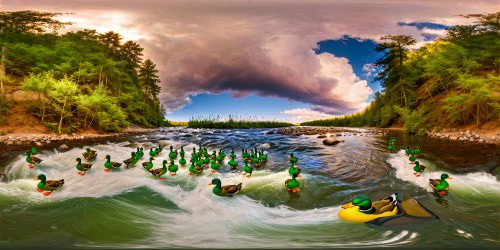 A flawless riverbank scene featuring vibrant green ducks quacking near the rushing water, a sleek, matching green shotgun aimed precisely at the group with seamless precision, all captured in ultra high resolution for a detailed masterpiece.