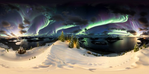 Ultra-realistic night sky, dark foreground, VR360 view, stunning Northern Lights display. Minimal light pollution, maximum star visibility. Ultra high-resolution, VR360 immersion.