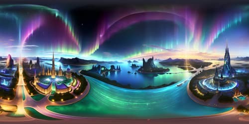 VR360 panorama of a crystal city, faceted gem-like structures reflecting rainbow light, sparkling under a shimmering aurora borealis. Ultra high-res, meticulously detailed, all in a masterpiece art style. A grandeur space fantasy setting, VR360 view unfurling the city's opulence.