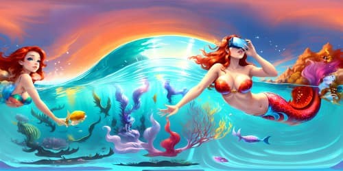 Ariel the mermaid swimming in the sea, with her head above water, cute