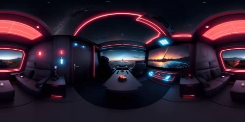 A futuristic room in a spaceship with floor to ceiling windows overlooking a new star exploding, red and blue ambient lighting, dark theme, space, ultra detailed, award winning design, high contrast, wrap around couch, fancy glowing pool table, big room, darkness of space, manly, clean