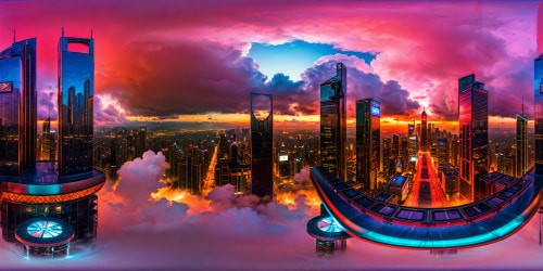 Imposing futuristic cyberpunk metropolis under an ominous red-tinted sky, vibrant neon-lit skyscrapers reflecting on rain-slicked streets, bustling hovering vehicles weaving through holographic billboards, a digital masterpiece in stunning ultra-high resolution.