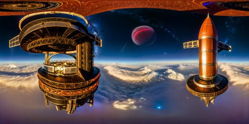 An awe-inspiring, futuristic space station comprised of intricate metallic spires and glowing neon lights, orbiting a distant exoplanet, reflecting off chrome surfaces under a blanket of swirling cosmic dust, sparkling stars, and distant galaxies in stunning 8K resolution.