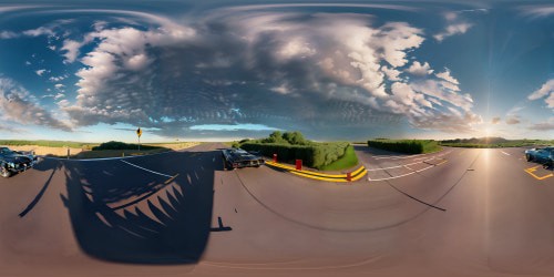 VR360 perspective: 1973 Camaro, 2011 370z models, meticulously detailed, ultra-high-resolution textures. Sparse field setting, punctuated by classic and modern sports cars. Immersive style: photorealistic yet atmospheric, capturing the essence of a masterwork. VR360 view: dazzling sky, complex cloud patterns, muted sunset hues.