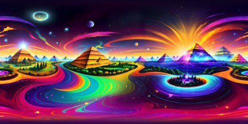 Ultra high-res VR360 view, Great Pyramids dominating the landscape, masterpiece in sandstone hues, star-studded night sky canvas, star constellations connecting pyramid tips, surreal style, digital painting technique, Pixar-style textures, smooth stone surfaces in VR360 panorama.