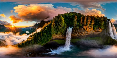 An intricately detailed, high-resolution shot of a breathtaking, mountainous landscape at golden hour, with cascading waterfalls, lush forests, and a vivid sunset painting the skyline, a flawless masterpiece of nature captured in stunning detail.